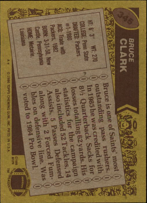 1986 Topps #345 Bruce Clark back image