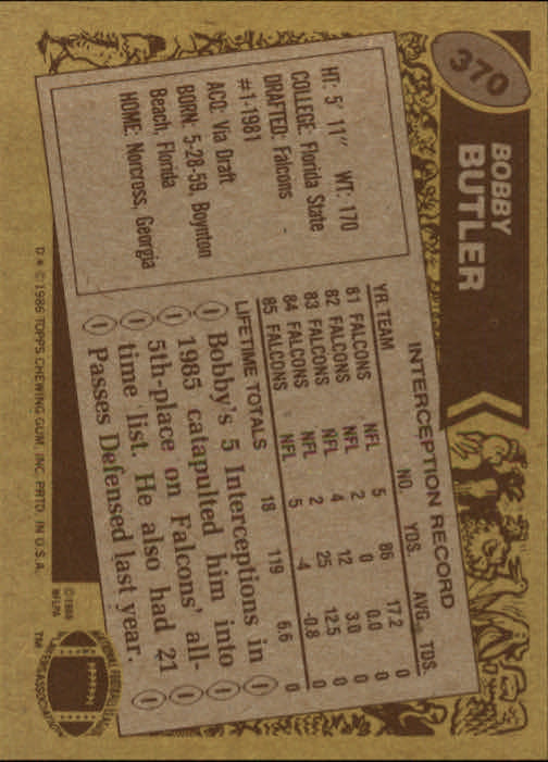 1986 Topps #370 Bobby Butler back image