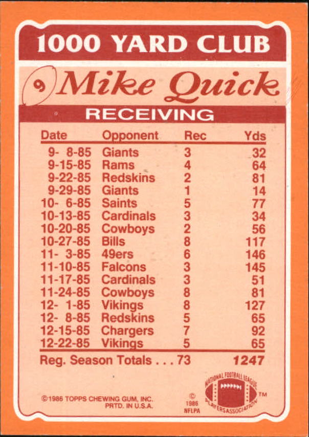 1986 Topps 1000 Yard Club #9 Mike Quick back image