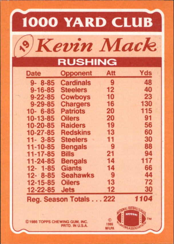 1986 Topps 1000 Yard Club #19 Kevin Mack back image