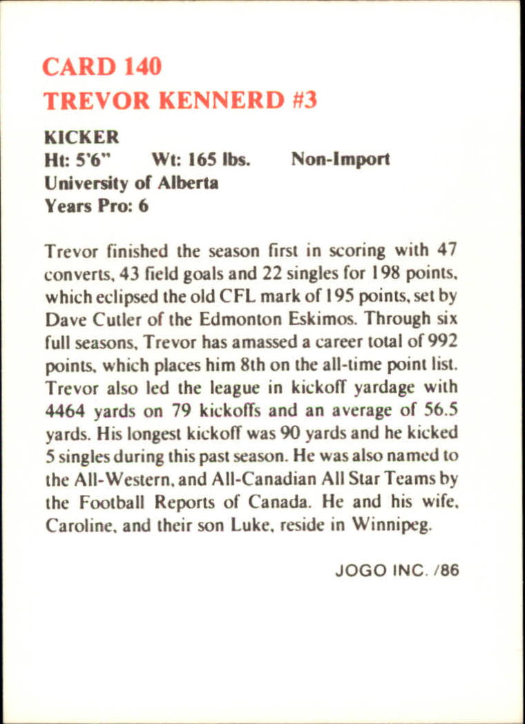 1986 JOGO #140 Trevor Kennerd back image