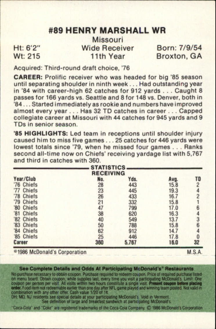 1986 McDonald's Chiefs Green Tab #89 Henry Marshall back image