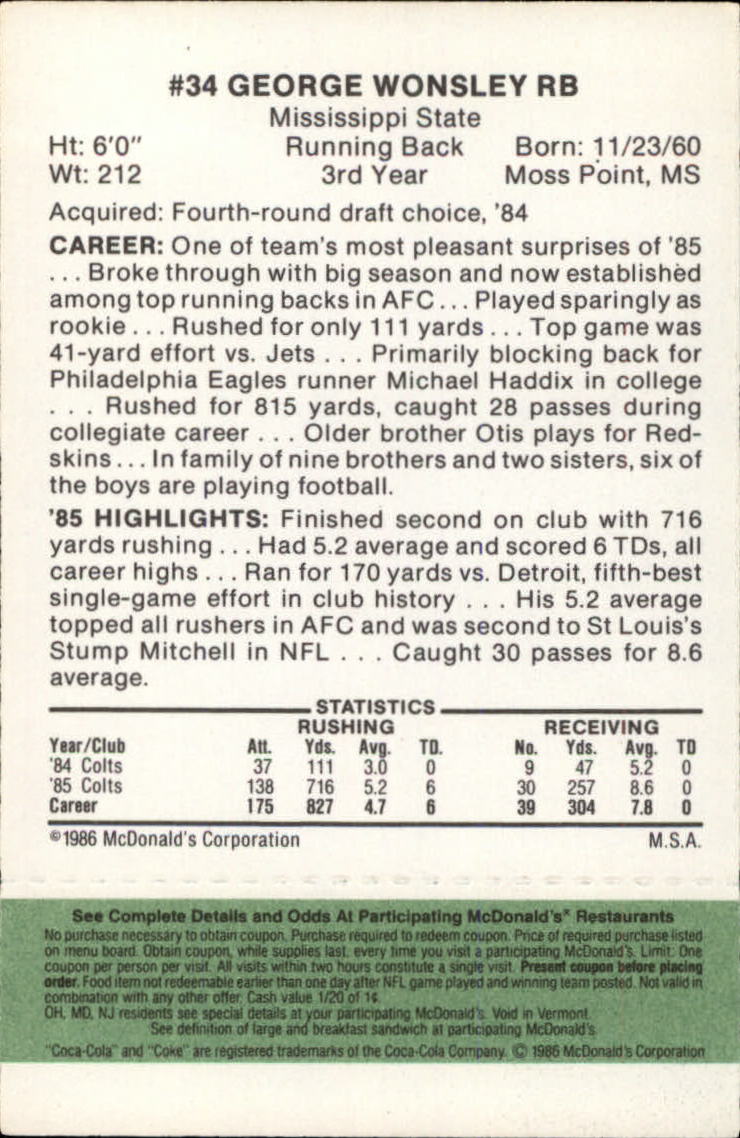 1986 McDonald's Colts Green Tab #34 George Wonsley back image