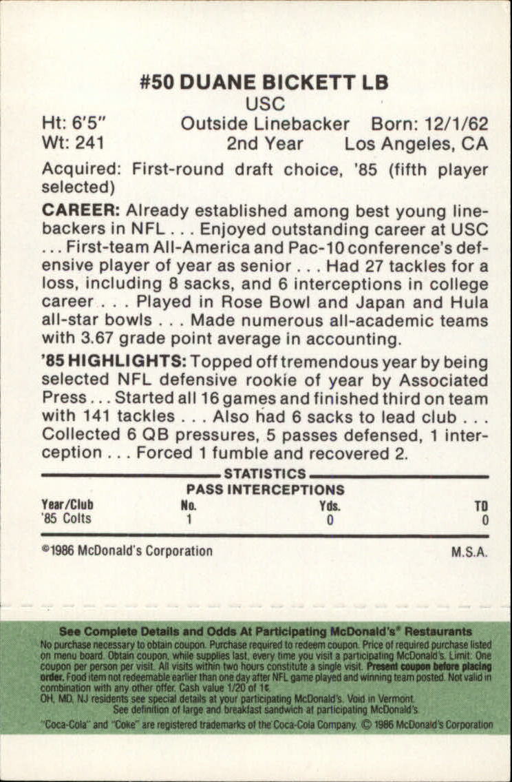 1986 McDonald's Colts Green Tab #50 Duane Bickett DP back image