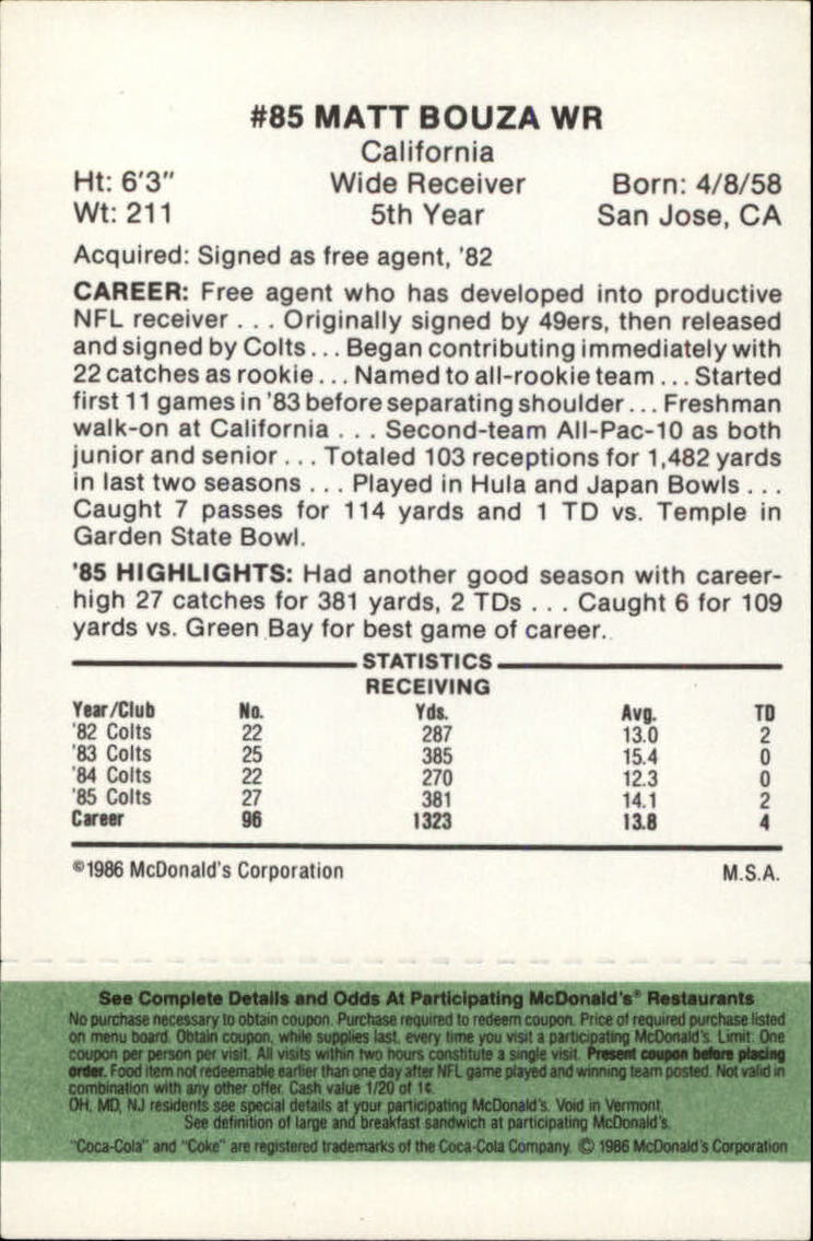 1986 McDonald's Colts Green Tab #85 Matt Bouza DP back image