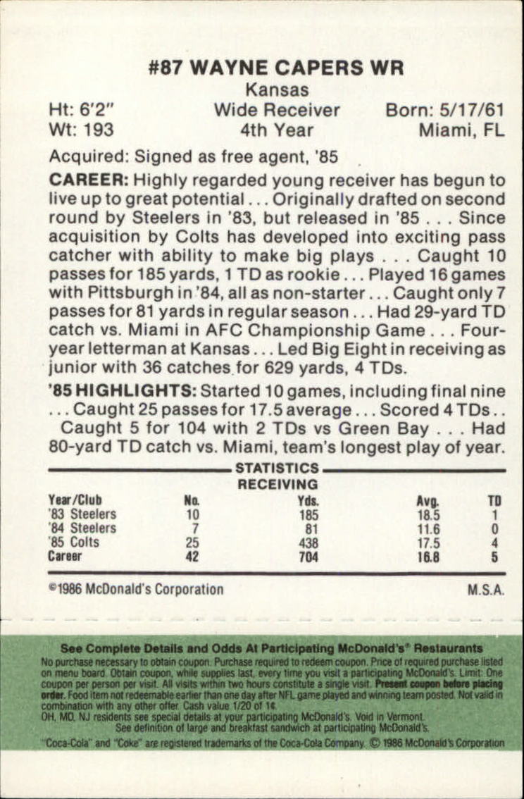 1986 McDonald's Colts Green Tab #87 Wayne Capers DP back image