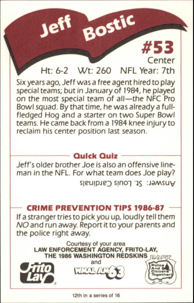 1986 Redskins Police #12 Jeff Bostic back image
