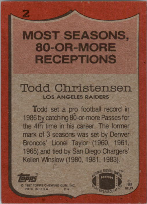 1987 Topps #2 Todd Christensen RB/Most Seasons/80 or More Receptions back image