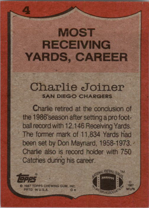 1987 Topps #4 Charlie Joiner RB/Most Receiving/Yards: Career back image