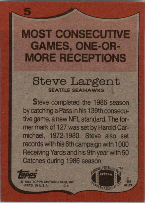 1987 Topps #5 Steve Largent RB/Most Consec. Games/With a Reception back image