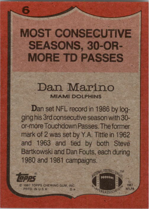 1987 Topps #6 Dan Marino RB/Most Consec. Seasons/30 or More TD Passes back image