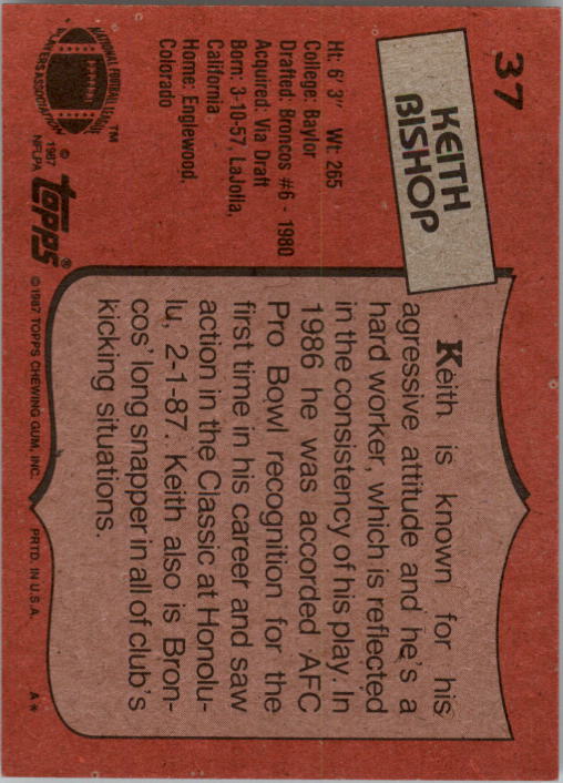 1987 Topps #37 Keith Bishop RC back image