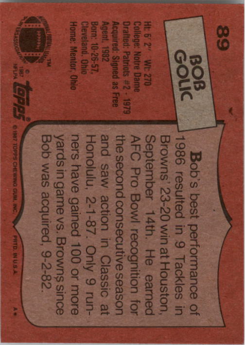 1987 Topps #89 Bob Golic back image