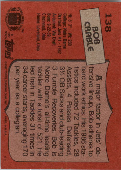1987 Topps #138 Bob Crable RC back image