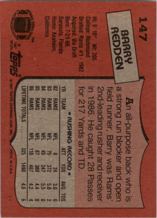 1987 Topps #147 Barry Redden back image