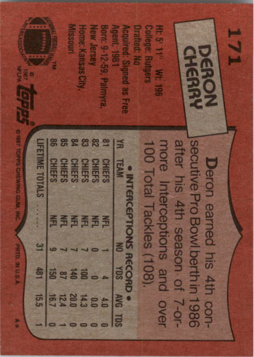 1987 Topps #171 Deron Cherry AP back image