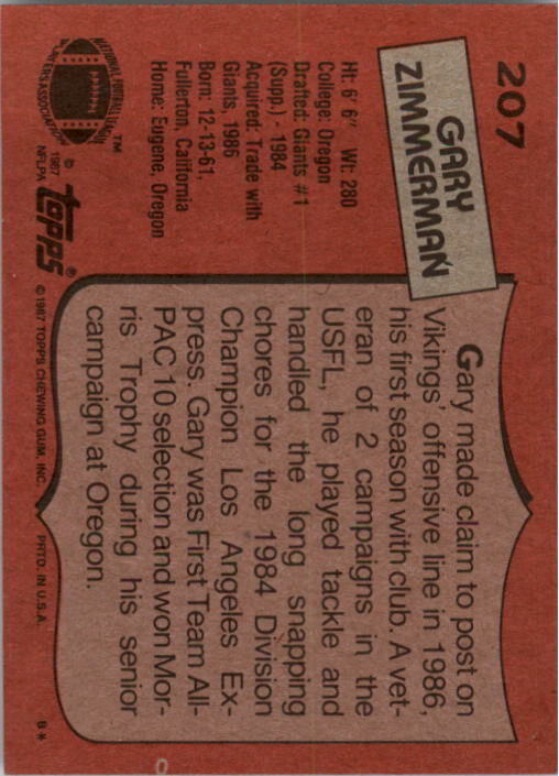1987 Topps #207 Gary Zimmerman RC back image