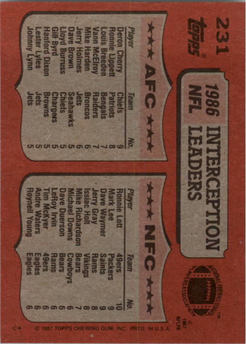 1987 Topps #231 Interception Leaders/Ronnie Lott/Deron Cherry back image