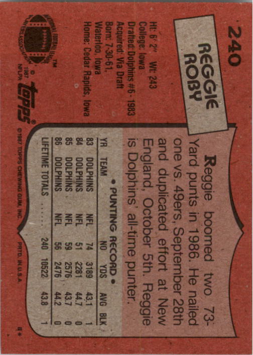 1987 Topps #240 Reggie Roby back image
