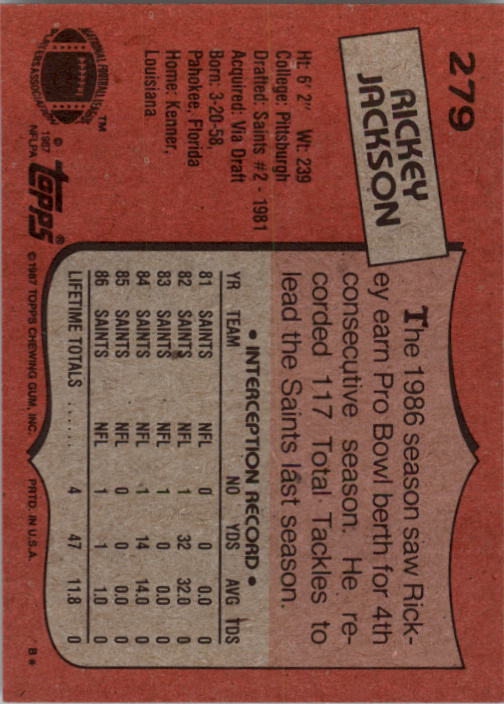 1987 Topps #279 Rickey Jackson back image