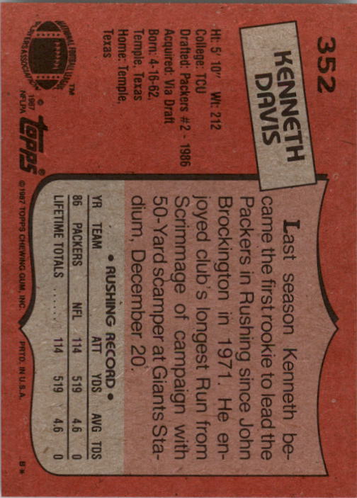 1987 Topps #352 Kenneth Davis RC back image