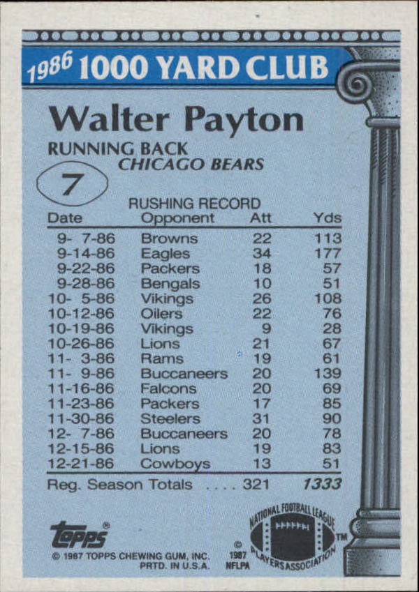 1987 Topps 1000 Yard Club #7 Walter Payton back image