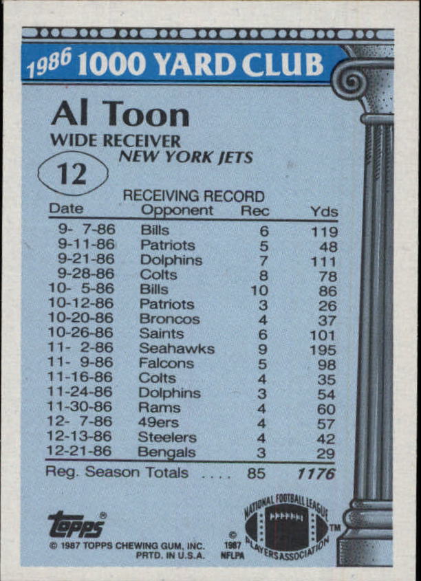 1987 Topps 1000 Yard Club Al Toon New York Jets #12