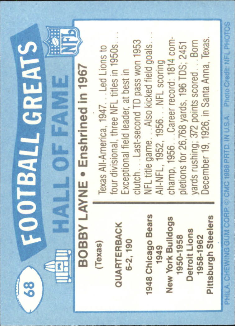 1988 Swell Greats #68 Bobby Layne 67 back image