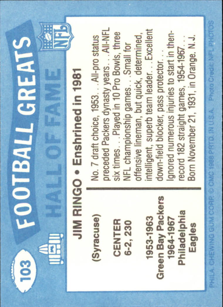 1988 Swell Greats #103 Jim Ringo 81 back image