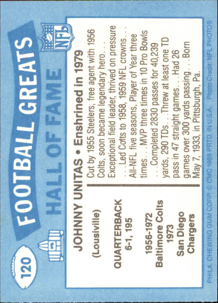 1988 Swell Greats #120 Johnny Unitas 79 back image