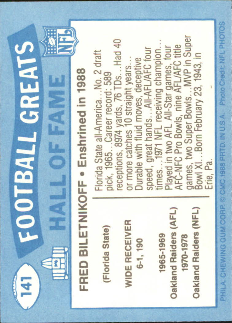 1988 Swell Greats #141 Fred Biletnikoff 88 back image
