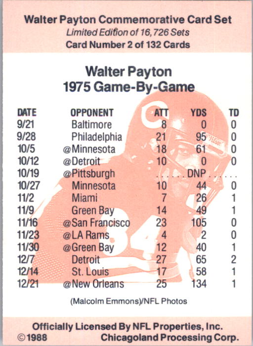 B5535- 1988 Walter Payton Commemorative #s 1-132 -You Pick- 15+ FREE US SHIP