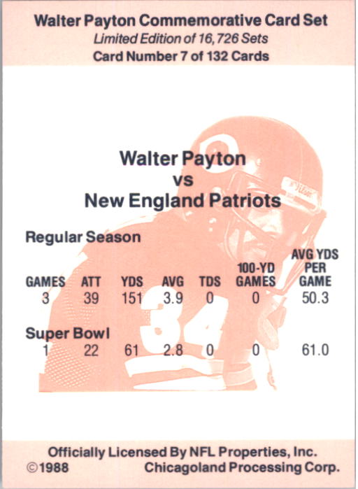 1988 Walter Payton Commemorative #7 Vs. New England back image