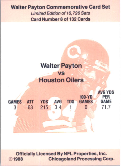1988 Walter Payton Commemorative #8 Vs. Houston Oilers back image