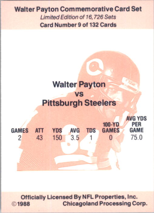 1988 Walter Payton Commemorative #9 Vs. Pittsburgh back image