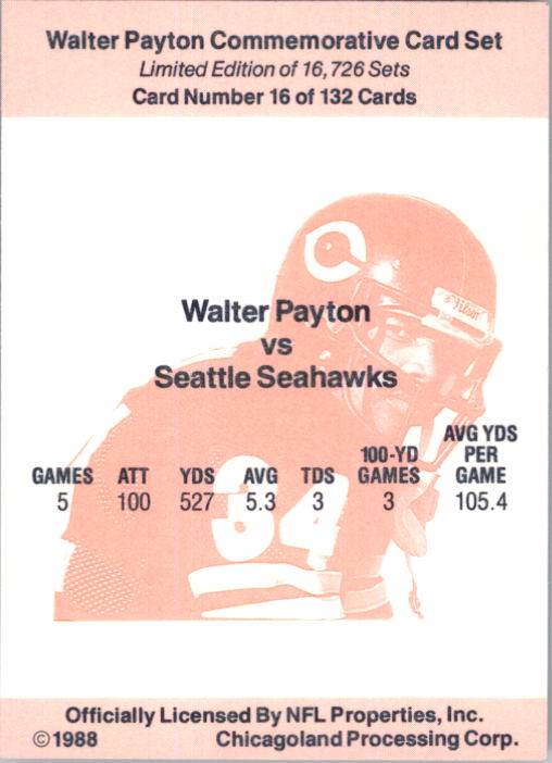 1988 Walter Payton Commemorative #16 Vs. Seattle Seahawks back image