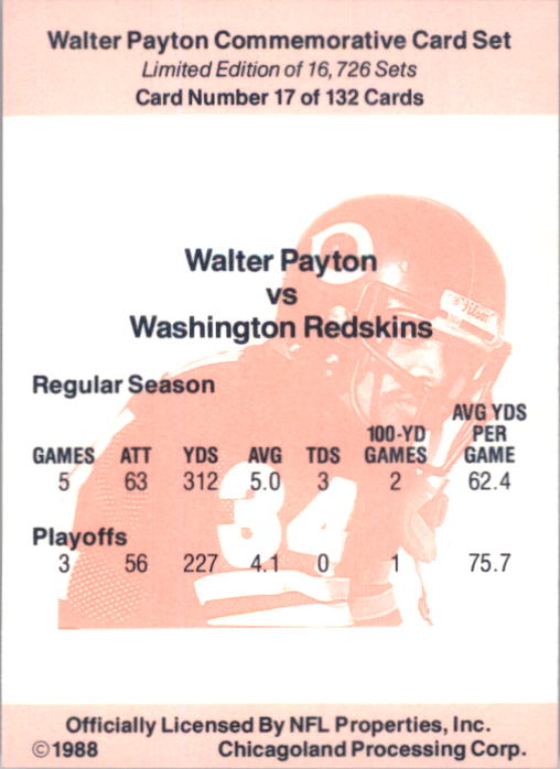 1988 Walter Payton Commemorative #17 Vs. Washington back image