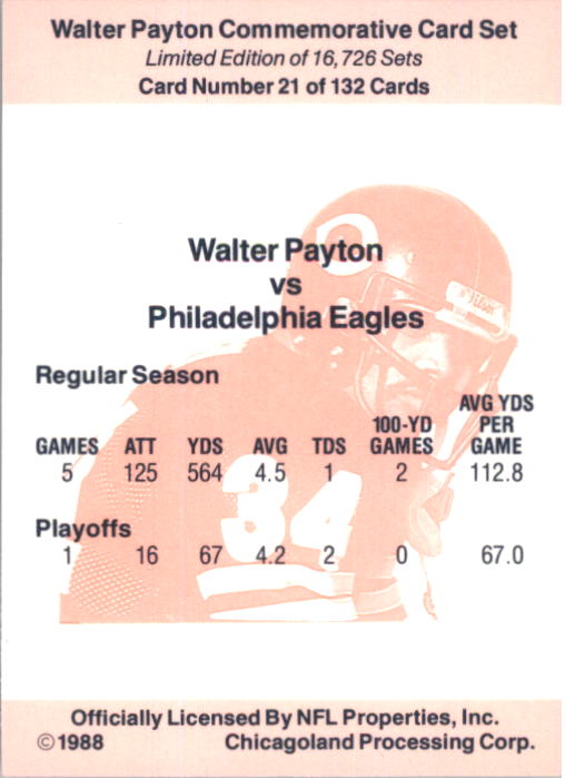 1988 Walter Payton Commemorative #21 Vs. Philadelphia back image