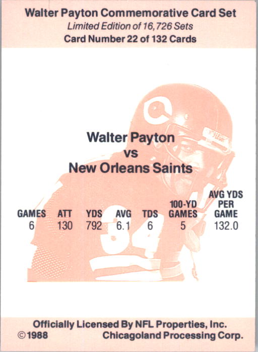 1988 Walter Payton Commemorative #22 Vs. New Orleans back image