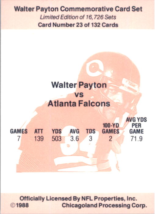 1988 Walter Payton Commemorative #23 Vs. Atlanta Falcons back image