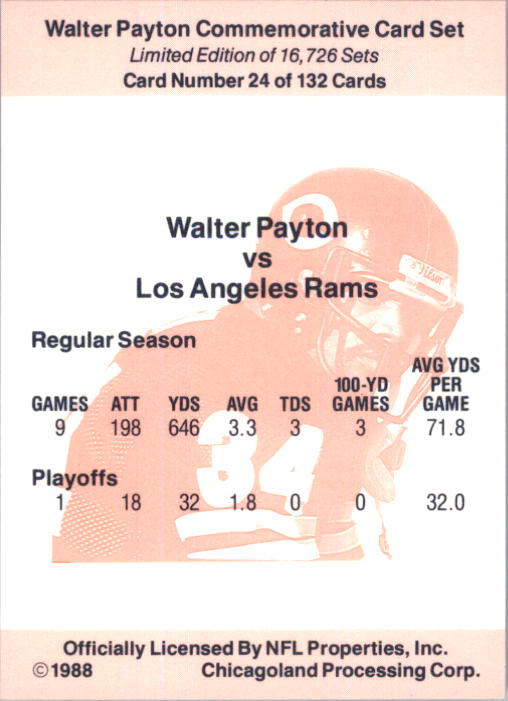 1988 Walter Payton Commemorative #24 Vs. Los Angeles Rams back image