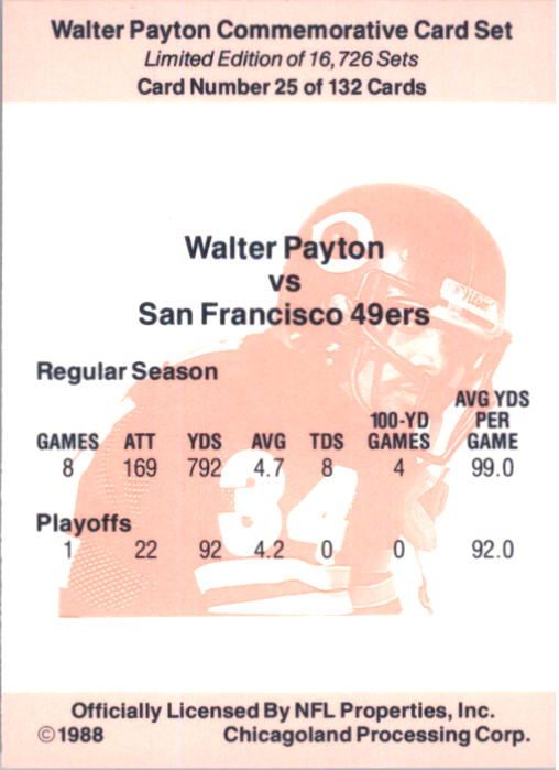 1988 Walter Payton Commemorative #25 Vs. San Francisco back image