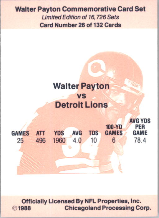 1988 Walter Payton Commemorative #26 Vs. Detroit Lions back image