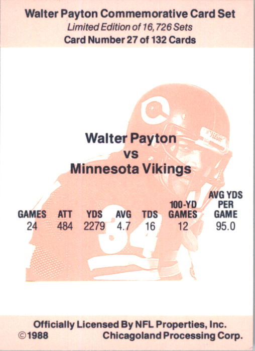 1988 Walter Payton Commemorative #27 Vs. Minnesota Vikings back image