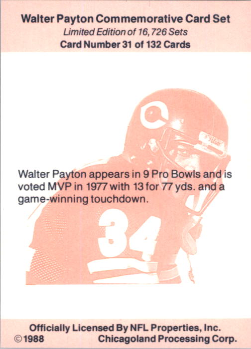 1988 Walter Payton Commemorative #31 Appears in Nine Pro back image
