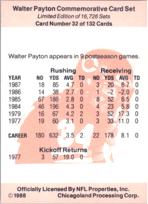 B5535- 1988 Walter Payton Commemorative #s 1-132 -You Pick- 15+ FREE US SHIP