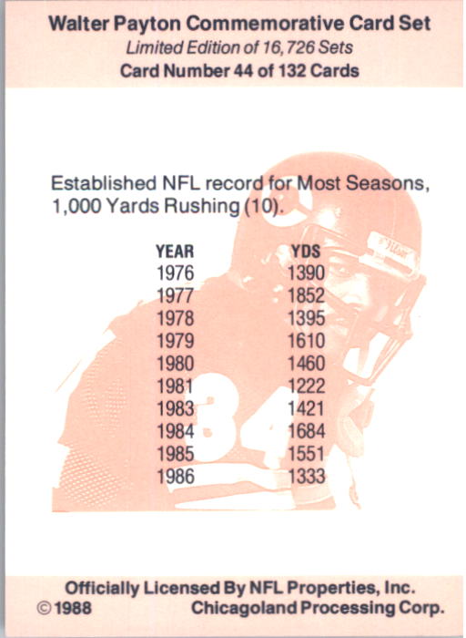 1988 Walter Payton Commemorative #44 NFL Record for Most back image