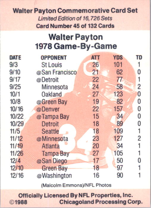 B5535- 1988 Walter Payton Commemorative #s 1-132 -You Pick- 15+ FREE US SHIP