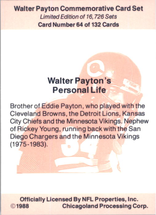 1988 Walter Payton Commemorative #64 Personal Life back image