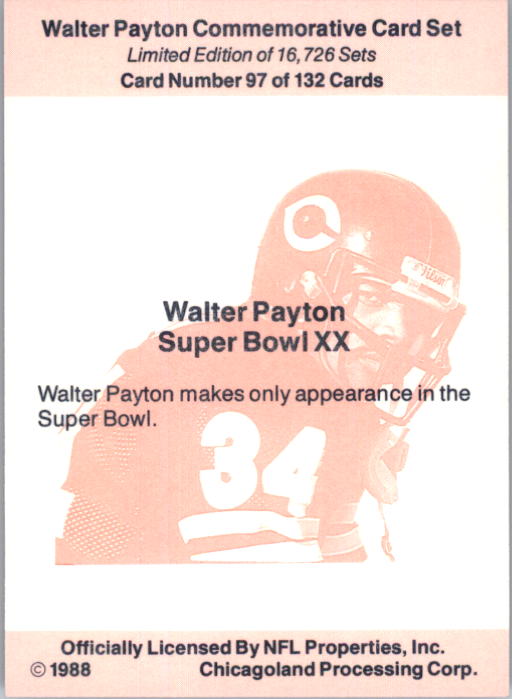 1988 Walter Payton Commemorative #97 Super Bowl XX back image